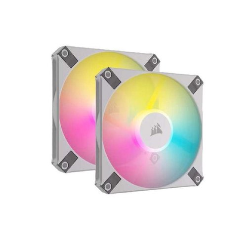 Kit de 2 Fan Cooler Corsair iCUE AF120 RGB Slim de 120 mm color blanco con control PWM, iluminación RGB, perfil delgado y Lighting Node CORE incluido para gabinetes y radiadores.
