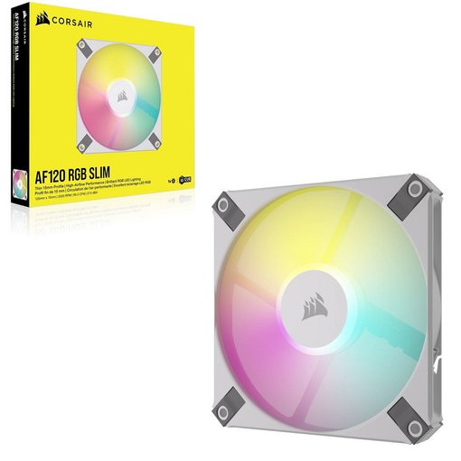 Fan Cooler Corsair iCUE AF120 RGB Slim de 120 mm color blanco con control PWM, perfil delgado, iluminación RGB y alto flujo de aire para gabinetes y radiadores.