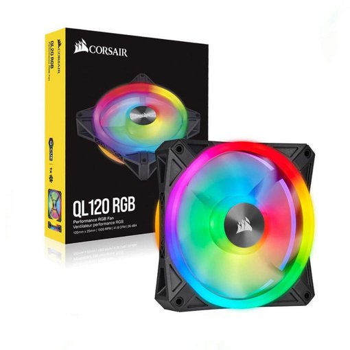 Fan Cooler Corsair iCUE QL120 RGB de 120 mm color negro con control PWM, iluminación RGB de doble cara y alto flujo de aire para gabinetes y sistemas de refrigeración líquida.
