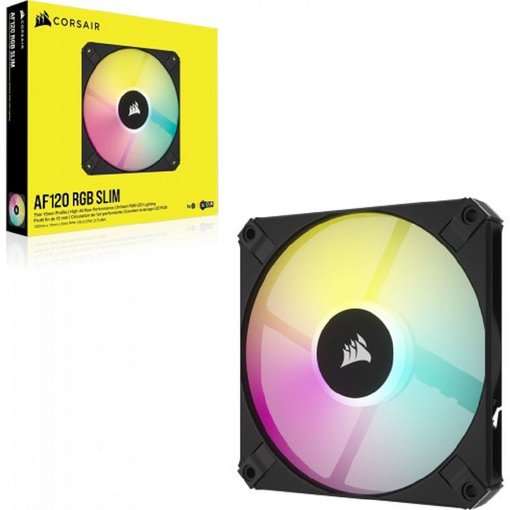 Fan Cooler Corsair iCUE AF120 RGB Slim de 120 mm color negro con control PWM, perfil delgado, iluminación RGB y alto flujo de aire para gabinetes y radiadores.