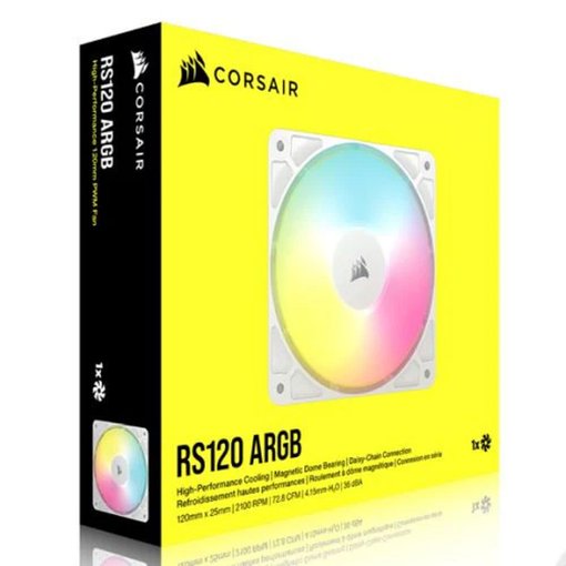 Fan Cooler Corsair RS120 ARGB PWM de 120 mm color blanco con iluminación ARGB, control PWM, alto flujo de aire y funcionamiento silencioso para gabinetes y radiadores.