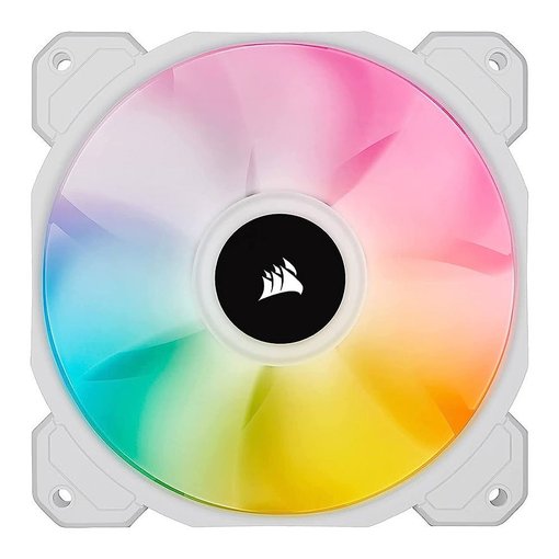 Fan Cooler Corsair iCUE SP120 RGB ELITE de 120 mm color blanco con control PWM, iluminación RGB personalizable y alto flujo de aire para gabinetes y sistemas de refrigeración líquida.