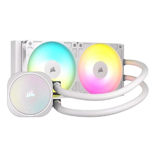 Water Cooler Corsair Nautilus 240 RS ARGB color blanco con radiador de 240 mm, iluminación ARGB, ventiladores PWM de alto rendimiento y compatibilidad con procesadores Intel y AMD.
