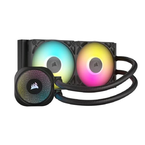 Water Cooler Corsair iCUE LINK TITAN 240 RX RGB AIO color negro con radiador de 240 mm, ventiladores RX PWM con iluminación RGB, sistema iCUE LINK y compatibilidad con procesadores Intel y AMD.