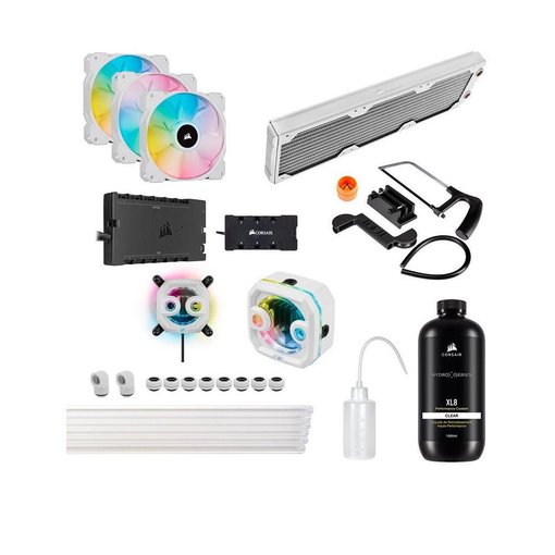 Kit Water Cooler Corsair XH303i RGB PRO Custom color blanco con bloque para CPU, radiador, bomba, depósito, ventiladores RGB y componentes para refrigeración líquida personalizada de alto rendimiento.