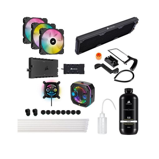 Kit Water Cooler Corsair XH303i RGB PRO Custom color negro con bloque para CPU, radiador, bomba, depósito, ventiladores RGB y componentes para refrigeración líquida personalizada de alto rendimiento.