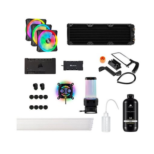 Kit Water Cooler Corsair XH305i RGB PRO Custom color negro con bloque para CPU, radiador de 360 mm, bomba, depósito, ventiladores RGB y componentes para refrigeración líquida personalizada de alto rendimiento.