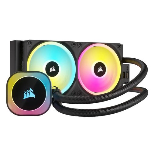 Water Cooler Corsair iCUE H100i RGB de 240 mm con radiador de alto rendimiento, ventiladores PWM, iluminación RGB y compatibilidad con procesadores Intel y AMD.
