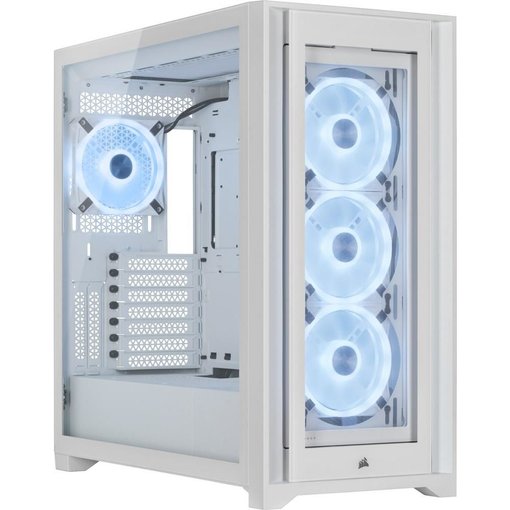 Gabinete Corsair iCUE 5000X RGB color negro para placas ATX, con paneles de vidrio templado, iluminación RGB integrada, excelente flujo de aire y amplio espacio para refrigeración líquida.