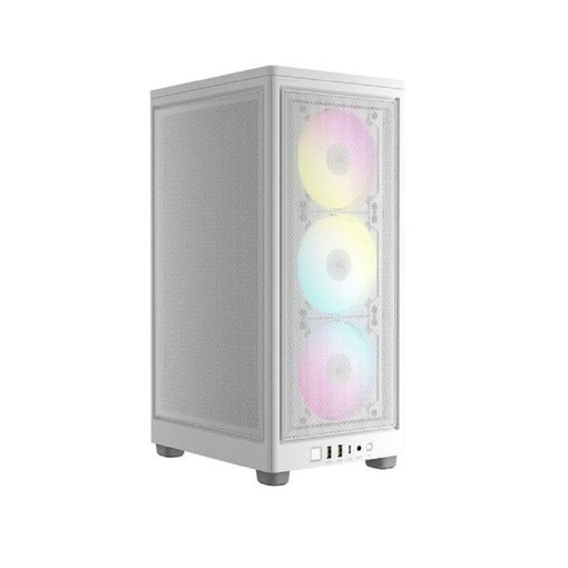 Gabinete Corsair 2000D RGB color blanco para placas Mini-ITX, con iluminación RGB, excelente flujo de aire, diseño compacto y soporte para refrigeración líquida y componentes de alto rendimiento.
