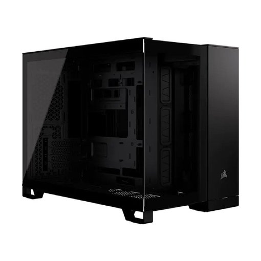 Gabinete Corsair 2500X color negro para placas Micro-ATX y Mini-ITX, con diseño de doble cámara, paneles de vidrio templado y amplio soporte para ventiladores y refrigeración líquida.