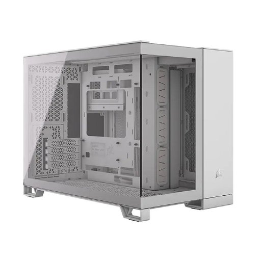 Gabinete Corsair 2500X color blanco para placas Micro-ATX y Mini-ITX, con diseño de doble cámara, paneles de vidrio templado y amplio soporte para ventiladores y refrigeración líquida.