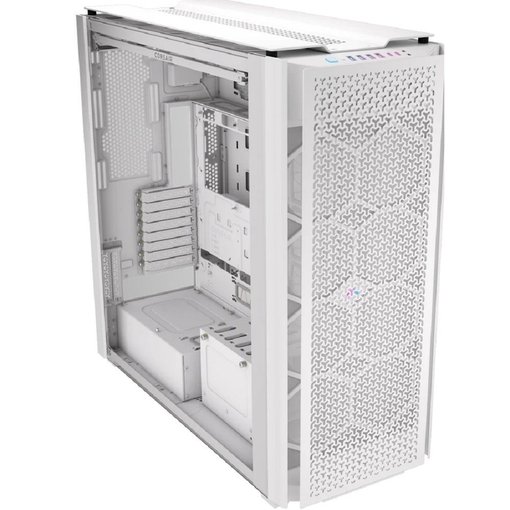 Gabinete Corsair 9000D RGB AIRFLOW color blanco tipo Super Full Tower, con panel frontal de alto flujo de aire, iluminación RGB, amplio espacio para componentes de alto rendimiento y refrigeración líquida avanzada.