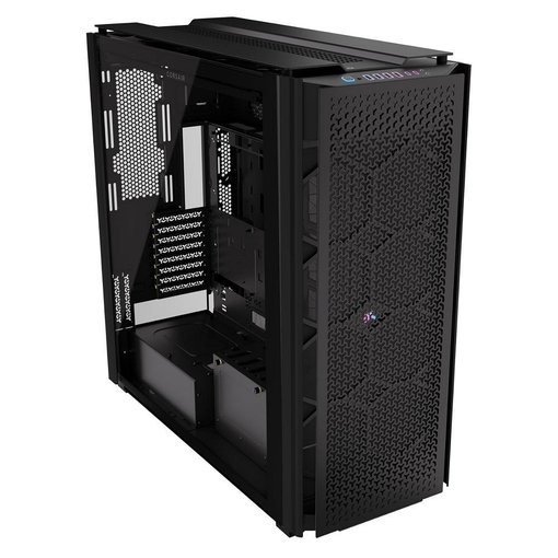 Gabinete Corsair 9000D RGB AIRFLOW color negro tipo Super Full Tower con panel frontal de alto flujo de aire, iluminación RGB, amplio espacio para componentes de alto rendimiento y refrigeración líquida avanzada.