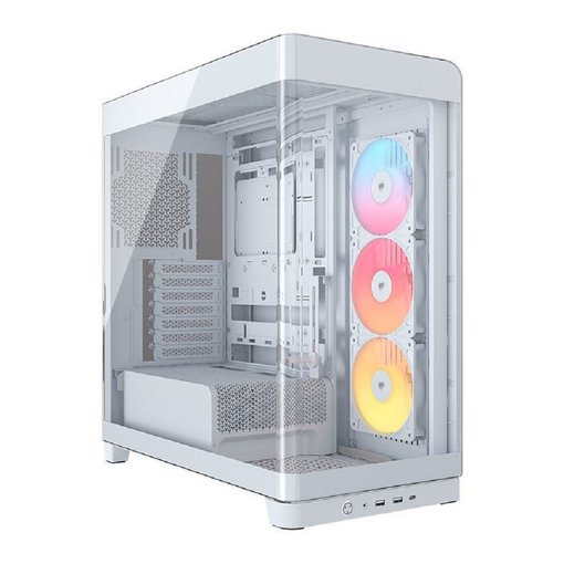 Gabinete Corsair FRAME 4500X RS-R ARGB color blanco para placas ATX, con paneles de vidrio templado, iluminación ARGB, excelente flujo de aire y amplio soporte para refrigeración líquida.
