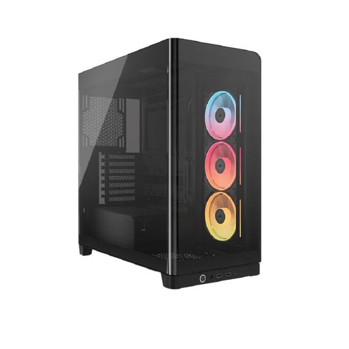 Gabinete Corsair FRAME 4500X LX-R RGB iCUE LINK color negro para placas ATX, con paneles de vidrio templado, iluminación RGB, sistema iCUE LINK y amplio soporte para refrigeración líquida.