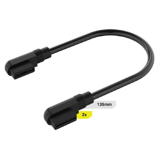 Cable Corsair iCUE LINK color negro de 135 mm con conectores de 90°, diseñado para conectar y organizar dispositivos compatibles con el ecosistema iCUE LINK de forma limpia y eficiente.