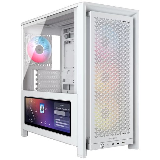Gabinete Corsair FRAME 4000D LCD RS ARGB color blanco para placas ATX, con pantalla LCD integrada, iluminación ARGB, excelente flujo de aire y amplio soporte para refrigeración líquida.