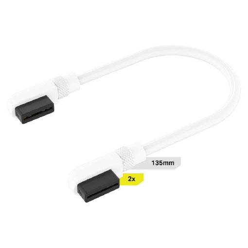 Cable Corsair iCUE LINK color blanco de 135 mm con conectores de 90°, diseñado para conectar y organizar dispositivos compatibles con el ecosistema iCUE LINK de forma limpia y eficiente.
