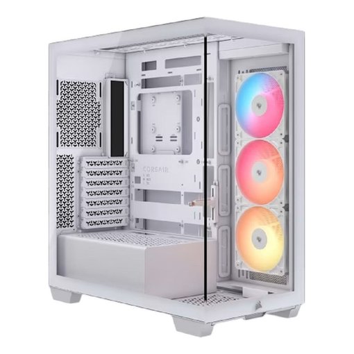 Gabinete Corsair 3500X RS ARGB color blanco para placas ATX, con iluminación ARGB, paneles de vidrio templado, excelente flujo de aire y amplio soporte para refrigeración líquida y componentes de alto rendimiento.