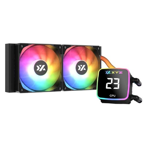 Water cooler XYZ AquaPulse Fusion 240 ARGB Black con pantalla digital, radiador de 240mm, iluminación ARGB, refrigeración líquida para CPU y capacidad de disipación de hasta 250W TDP.