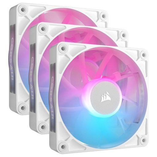 Kit de 3 Fan Cooler Corsair iCUE LINK RX120 RGB de 120 mm color blanco con control PWM, iluminación RGB direccionable y sistema iCUE LINK para gabinetes y radiadores de alto rendimiento.