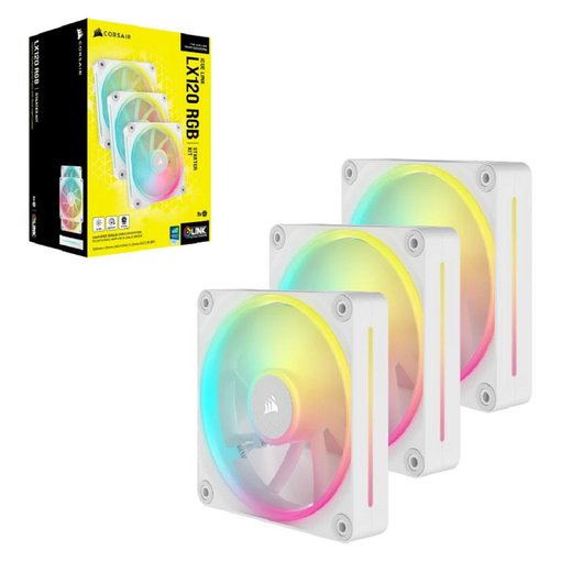 Kit de 3 Fan Cooler Corsair iCUE LINK LX120 RGB de 120 mm color blanco con control PWM, iluminación RGB direccionable y sistema iCUE LINK para gabinetes y radiadores de alto rendimiento.