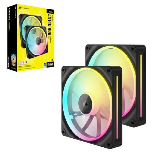 Kit de 2 Fan Cooler Corsair iCUE LINK LX140 RGB de 140 mm color blanco con control PWM, iluminación RGB direccionable y sistema iCUE LINK para gabinetes y radiadores de alto rendimiento.