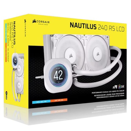 Sistema de refrigeración líquida Corsair Nautilus 240 RS LCD WH, modelo CW-9061032-WW, radiador 240 mm con pantalla LCD blanca y ventiladores PWM de alto rendimiento