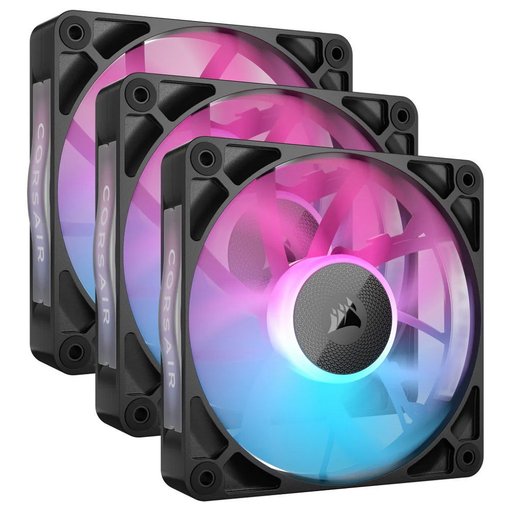 Kit de 3 Fan Cooler Corsair iCUE LINK RX120 RGB de 120 mm color negro con control PWM, iluminación RGB direccionable y sistema iCUE LINK para gabinetes y radiadores de alto rendimiento.