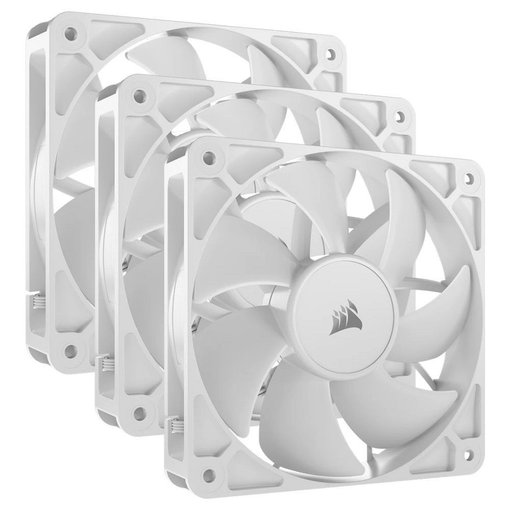 Kit de 3 Fan Cooler Corsair RS120 PWM de 120 mm color blanco con control PWM, alto flujo de aire y funcionamiento silencioso para gabinetes y sistemas de refrigeración.
