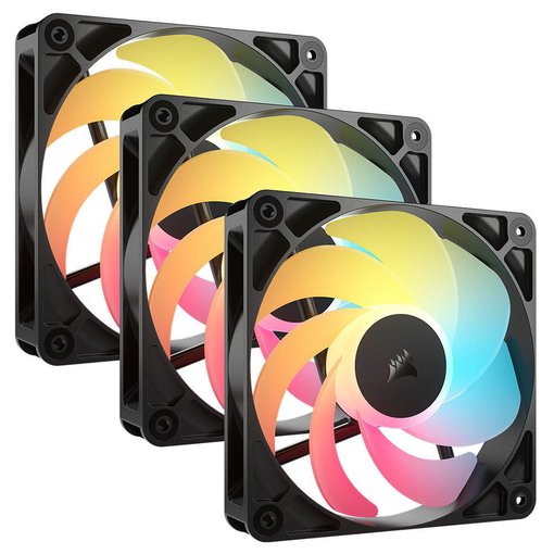 Kit de 3 Fan Cooler Corsair RS120-R ARGB de 120 mm con flujo de aire invertido, control PWM, iluminación ARGB y alto rendimiento para gabinetes con montaje inverso.