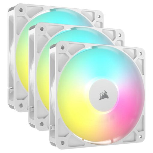 Kit de 3 Fan Cooler Corsair RS120 ARGB de 120 mm color blanco con iluminación ARGB, control PWM, alto flujo de aire y funcionamiento silencioso para gabinetes y radiadores.
