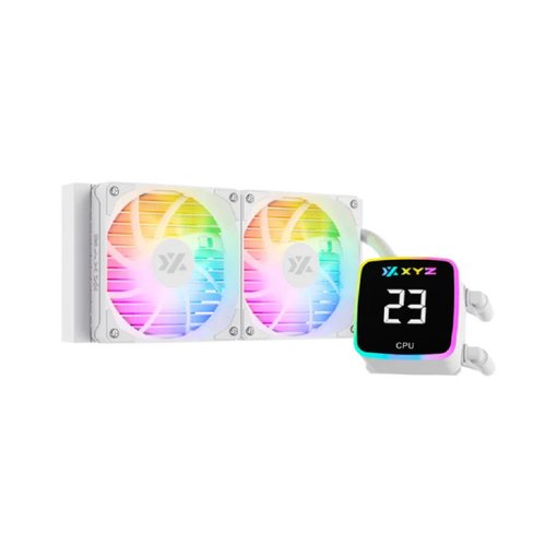 Water cooler XYZ AquaPulse 240 ARGB White de 240mm con pantalla digital, iluminación ARGB, doble ventilador y sistema de refrigeración líquida para CPU.