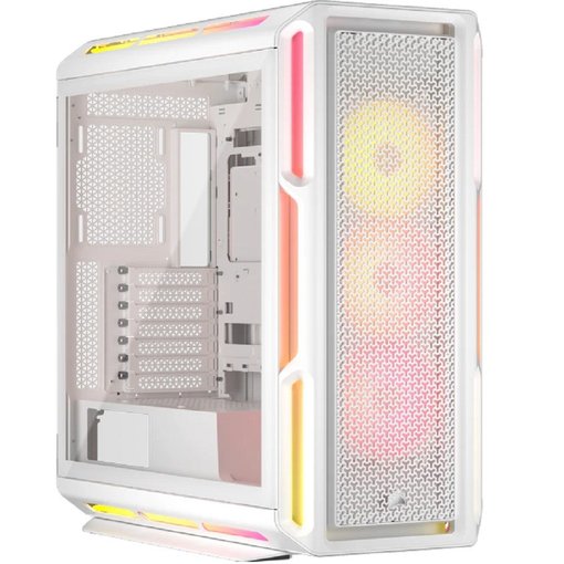 Gabinete Corsair iCUE LINK 5000T LX RGB color blanco para placas ATX, con paneles de vidrio templado, iluminación RGB inteligente, sistema iCUE LINK y amplio soporte para refrigeración líquida.
