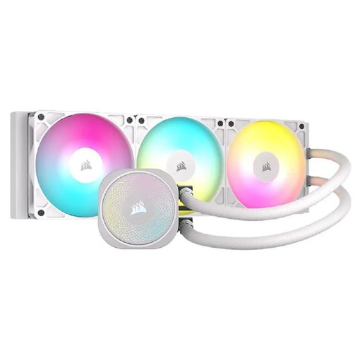 Water Cooler Corsair Nautilus 360 RS ARGB color blanco con radiador de 360 mm, iluminación ARGB, ventiladores PWM de alto rendimiento y compatibilidad con procesadores Intel y AMD.