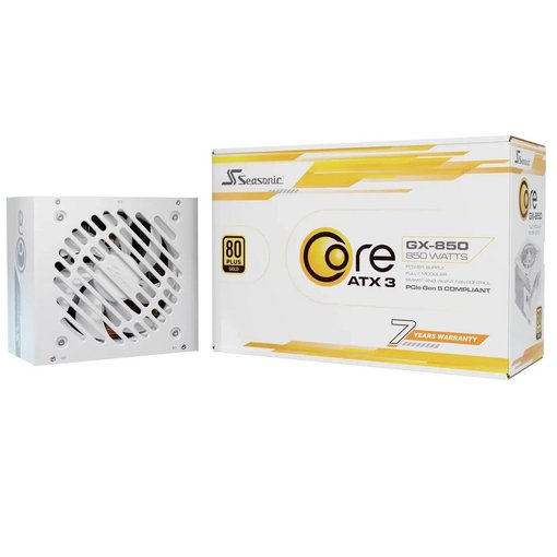 Fuente de alimentación Seasonic Core GX-850 SRP-CGX851 White de 850W con certificación 80 Plus Gold, estándar ATX 3.1 y diseño blanco para computadoras gamer y equipos de alto rendimiento.