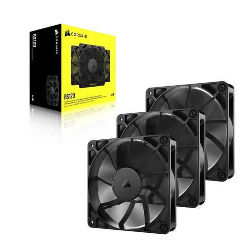 Kit de fanes Corsair RS120 PWM 120mm Black 3 Pack CO-9050189-WW — ventiladores negros de 120 mm con control PWM silencioso, alto flujo de aire y diseño compacto, ideales para mejorar la refrigeración y estética en gabinetes gaming.