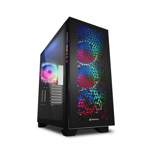 Gabinete Sharkoon Elite Shark CA300H Black E-ATX con iluminación RGB, puerto USB-C y diseño premium para PC de alto rendimiento.
