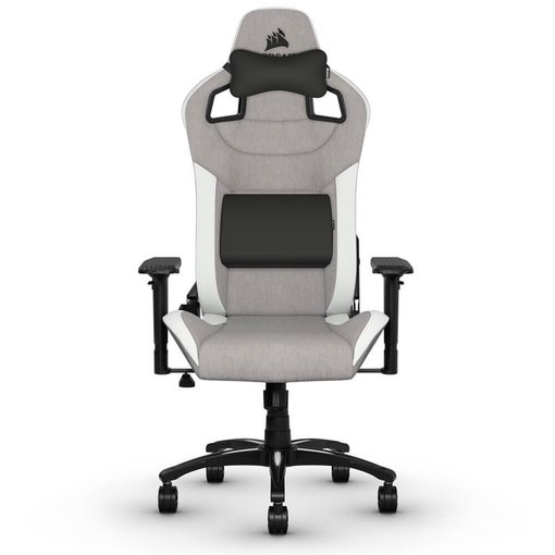 Silla gamer Corsair T3 Rush Grey/White, modelo CF-9010058-WW, ergonómica con tela transpirable, apoyabrazos 4D y respaldo reclinable, ideal para largas sesiones de gaming y trabajo