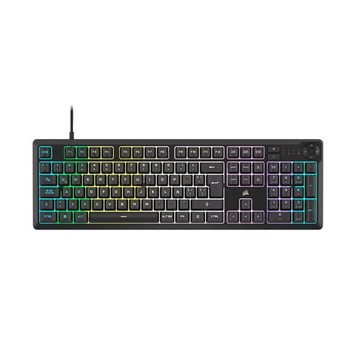 Teclado Corsair K55 CORE RGB con distribución en español, iluminación RGB personalizable, conexión USB, controles multimedia y diseño resistente para gaming y uso diario.
