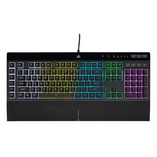 eclado de membrana Corsair K55 RGB Pro, modelo CH-9226765-SP, diseño en color negro con retroiluminación RGB dinámica y funciones esenciales para gaming