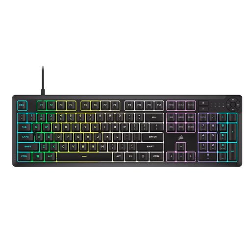 Teclado de membrana Corsair K55 Core RGB, modelo CH-9226C65-NA, diseño en color negro con retroiluminación RGB dinámica y funciones esenciales para gaming