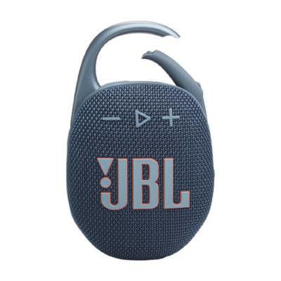 Parlante portátil JBL Clip 5 BT Blue con conexión Bluetooth, sonido JBL potente, mosquetón integrado y resistencia al agua y polvo para uso exterior.