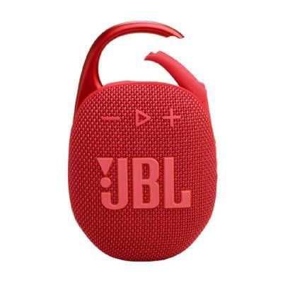 Parlante portátil JBL Clip 5 BT Red con conexión Bluetooth, sonido JBL potente, mosquetón integrado y resistencia al agua y polvo para uso al aire libre.