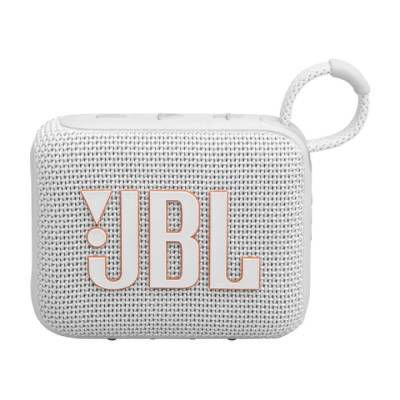 Parlante portátil JBL Go 4 BT White con sonido JBL potente, conexión Bluetooth, resistencia al agua y al polvo, batería de larga duración y diseño compacto.