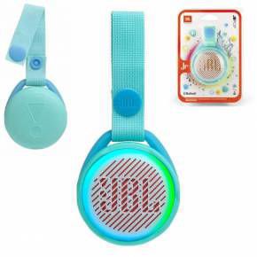 Parlante portátil JBL JRPOP BT Verde Agua con conexión Bluetooth, sonido JBL seguro, batería recargable, resistencia al agua y diseño compacto para niños.