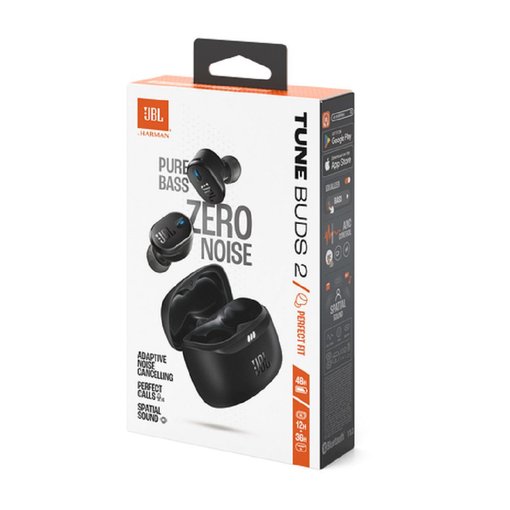 Auricular inalámbrico JBL Tune Buds 2 TWS Black con sonido JBL Pure Bass, cancelación activa de ruido, Bluetooth y micrófonos integrados para llamadas claras, modelo JBLTBUDS2BLKAM.