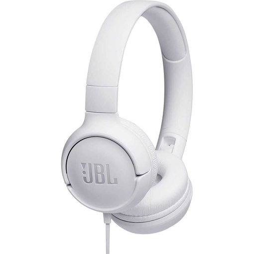 Auriculares JBL Tune 500 color blanco con cable, sonido JBL Pure Bass y micrófono integrado.