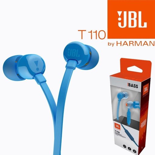 Auriculares JBL T110 Blue con cable, sonido JBL Pure Bass, micrófono integrado, controles en línea y diseño liviano para música y llamadas.